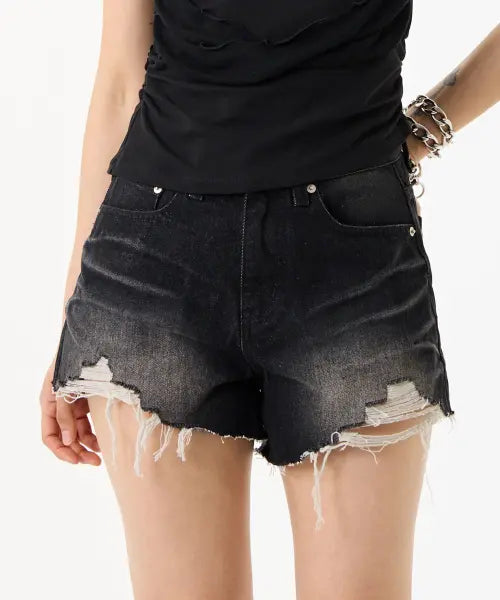 [UNKNOWN PLANET] Vintage Damage Cut-off Shorts Black / 빈티지 데미지 컷오프 쇼츠 블랙