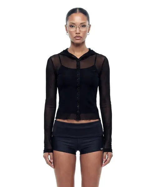 [BADBLOOD] Mystic Shadow Mesh Hood Cardigan - Black / 미스틱 쉐도우 메쉬 후드 가디건 - 블랙