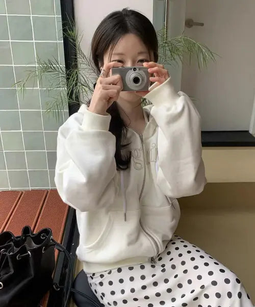 [STMG] Margarine Applique Loose two-way zipper Hoodie Zip-Up ivory / 마가린 아플리케 루즈 투웨이 지퍼 후드집업 아이보리