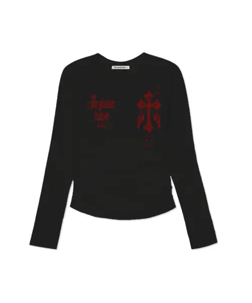 [ESCAPEFROM] Guardian Cross Print Shirring Slim Fit Long Sleeve / 가디언 크로스 프린트 슬림핏 셔링 롱슬리브 [4color]