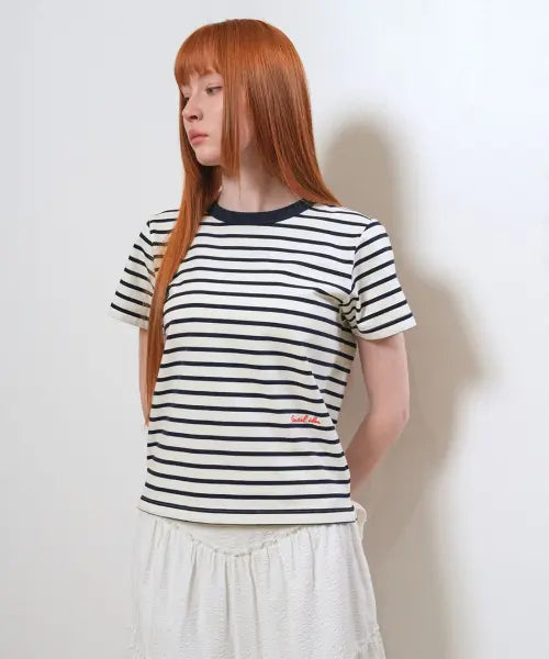 [GENERALIDEA] woman coloring striped short-sleeved t-shirt [white] / 배색 스트라이프 반팔 티셔츠 [WHITE] / GF2LTS522