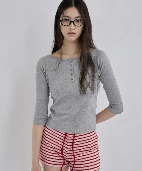 [RENSE] Button Henley Neck Tee Melange Gray