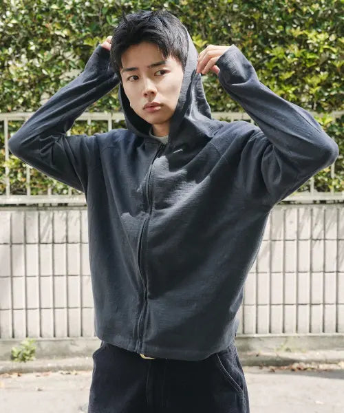 [XERO] Slab Finger Hole Crop Hood Zip Up [Charcoal] / 슬랍 핑거 홀 크롭 후드 집업 [차콜]