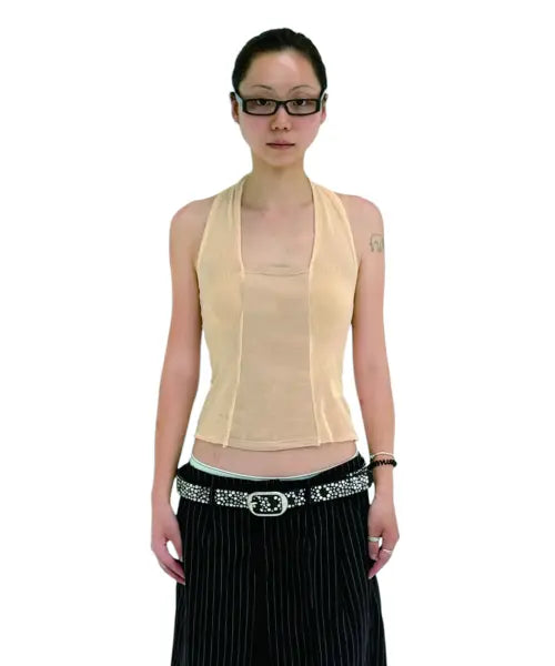[PAW] HALTER MESH CROSSWALK TOP NUDE / 홀터 메쉬 크로스워크 탑 누드