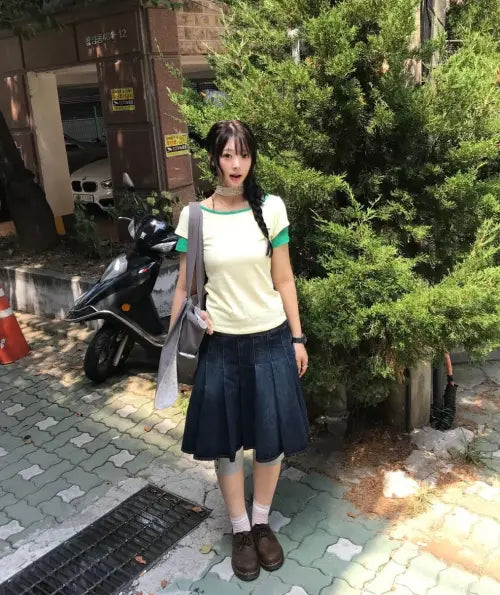 [RONRON] HEART BUTTON ROLL UP LAYERED T SHIRT SOFT YELLOW