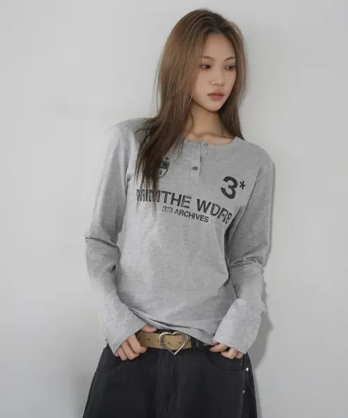 [MIMTHEWARDROBE] Crest Henley Long Sleeve - Grey / 크레스트 헨리넥 롱슬리브_그레이