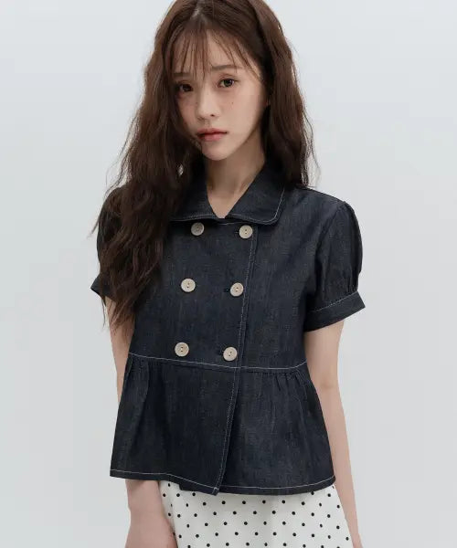 [HIGH SCHOOL DISCO] Denim Double-Button Blouse / 데님 더블버튼 블라우스