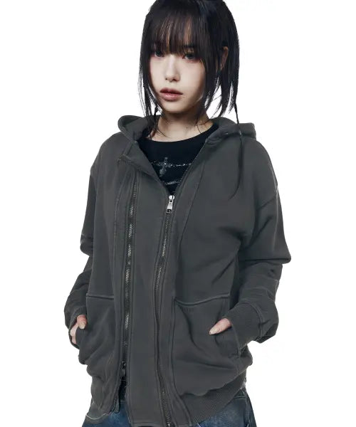 [AAKAM] Double Zippered Zip-Up Hoodie (Dark Gray)