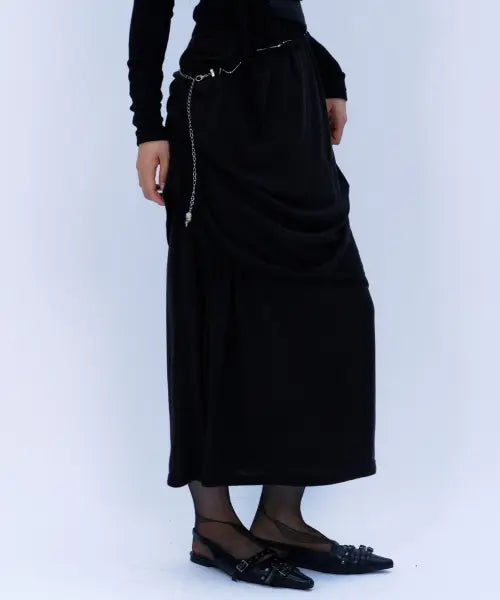 [SECONDSALT] SHIRRED ASYMMETRIC LAYERED LONG SKIRT (BLACK) / 셔링 언밸런스 레이어드 롱 스커트 (블랙)