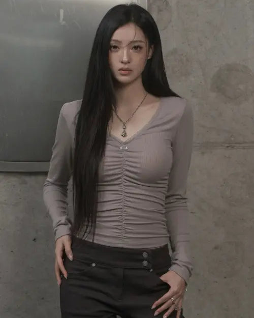 [KHAKIPOINT] Lace Shirring Top (gray)