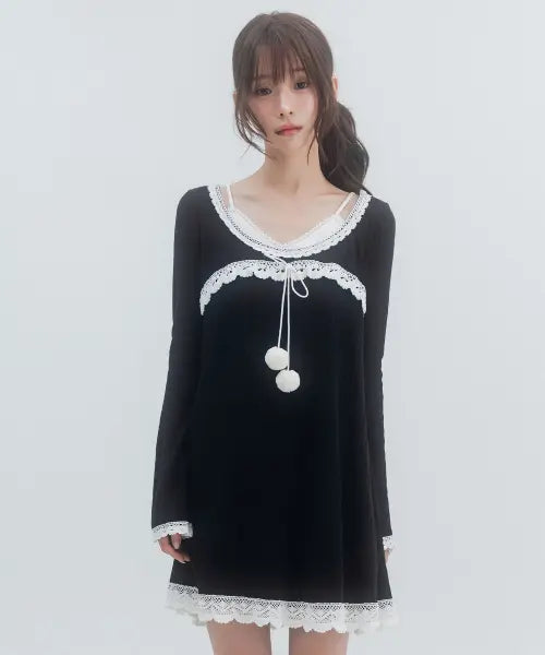 [HIGH SCHOOL DISCO] Knit Pom Pom Dress_Black / 니트 방울 원피스_블랙