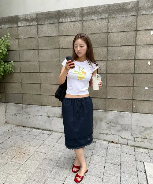 [SINOON] Eyelet Punching Midi Skirt (Navy)