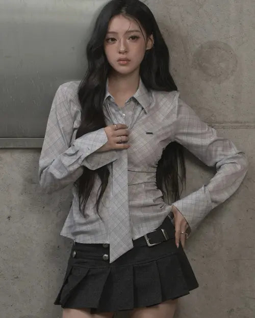 [KHAKIPOINT] Plaid Tie Shirt (light gray)