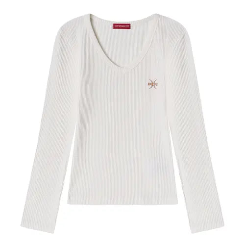 [KITSCH\u0026KISS] V-neck Ribbed Embroidery Long Sleeve / 브이넥 골지 자수 롱 슬리브 (26STP-LSTS01)
