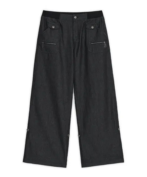 [HUG YOUR SKIN] Button roll-up denim pants (Black) / 버튼 롤업 데님 팬츠 (블랙)