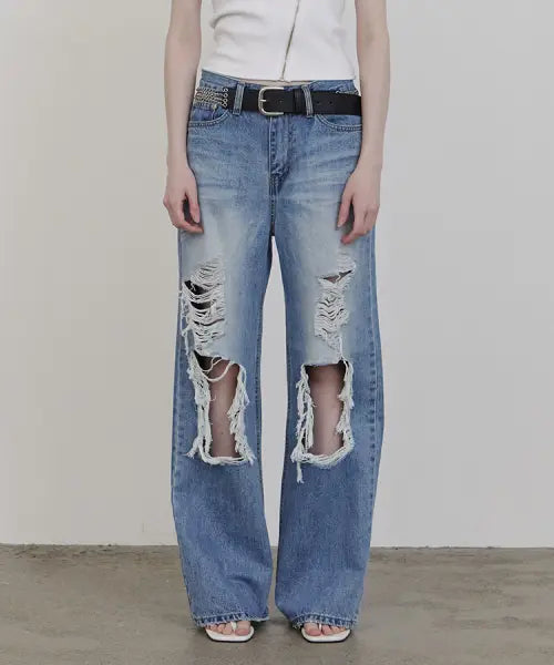 [ANIV] WIDE DESTROYED DENIM PANTS BLUE