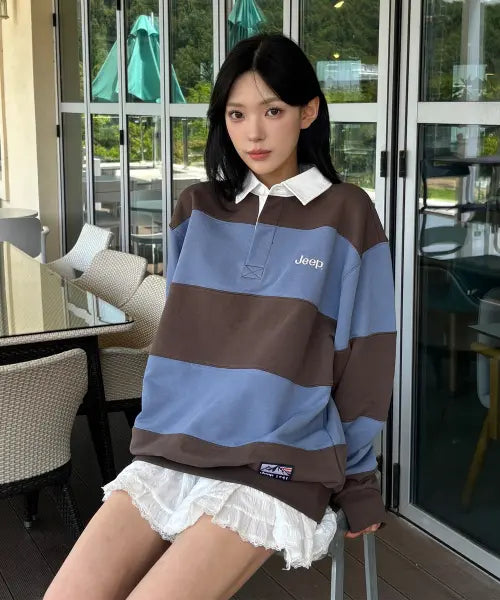 [JEEP] Retro Mountain 1941 Stripe Collar Sweatshirt / 레트로 마운틴 1941 스트라이프 카라 맨투맨 (JR5TSU825DB)