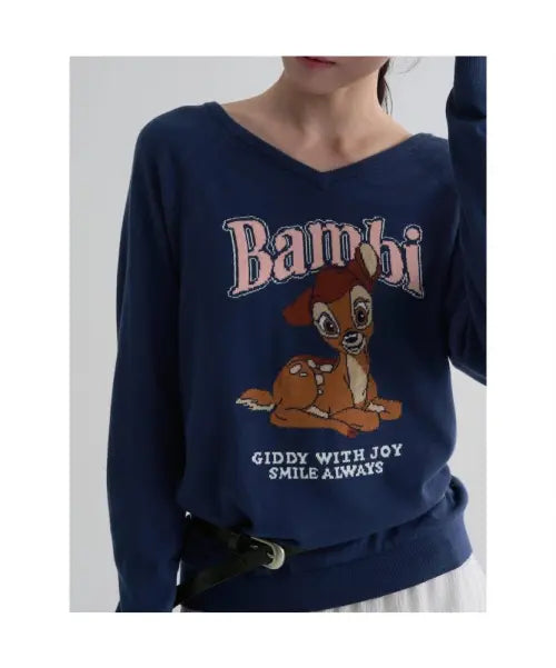 [8SECONDS] [Disney] Bambi Graphic V-Neck Pullover Navy / [Disney] 밤비 그래픽 V넥 풀오버  네이비