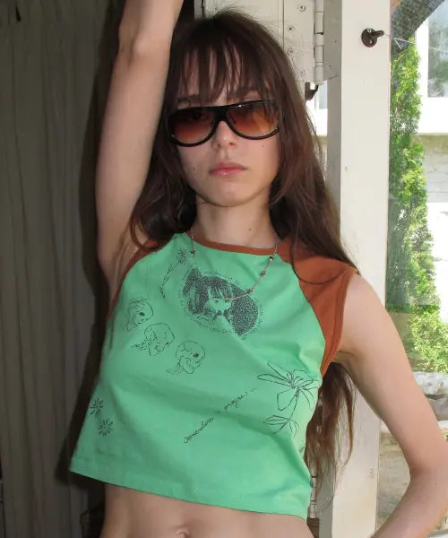 [CENTAUR.KR] DOODLE RAGLAN SLEEVELESS TOP_GREEN