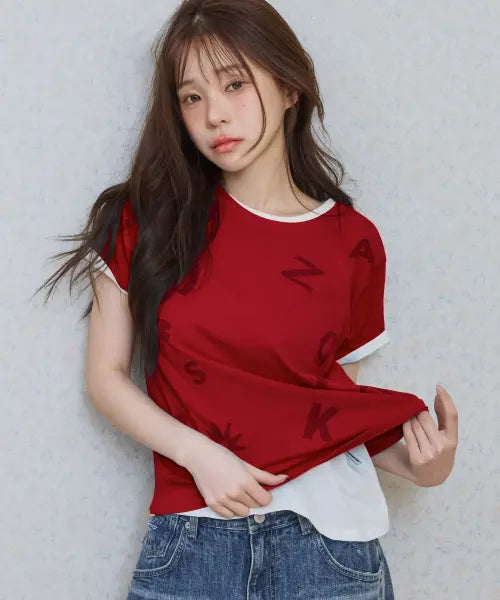 [KIJIKO] Typo Semi Crop Tee - Red / ke404. Typo Semi Crop Tee Red