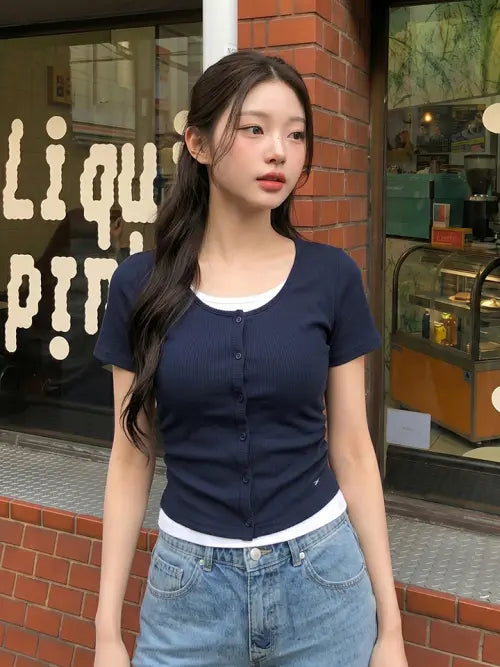 [HANGTEN] Women's Whale Cardigan Layered Short Sleeve T-Shirt / 여성 웨일 가디건 레이어드 반팔 티셔츠_276(10570-131-408-69)