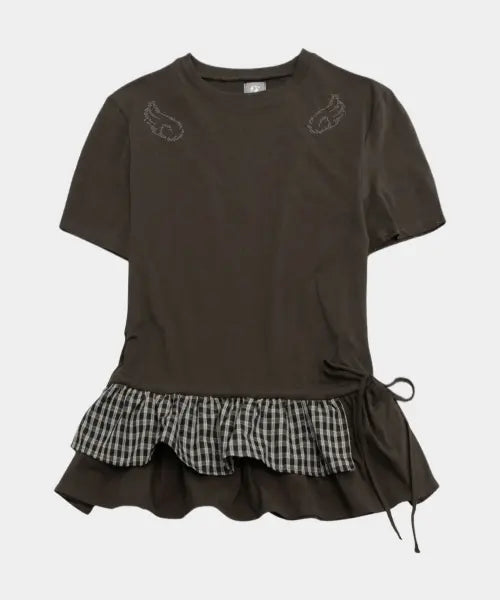 [SOME PLACE] Angel Beads Check Colorblock Strap Detail Layered Frill Short Sleeve T-Shirt [Brown] / 엔젤 비즈 체크 배색 스트랩 포인트 레이어드 프릴 반팔 티셔츠 [브라운]