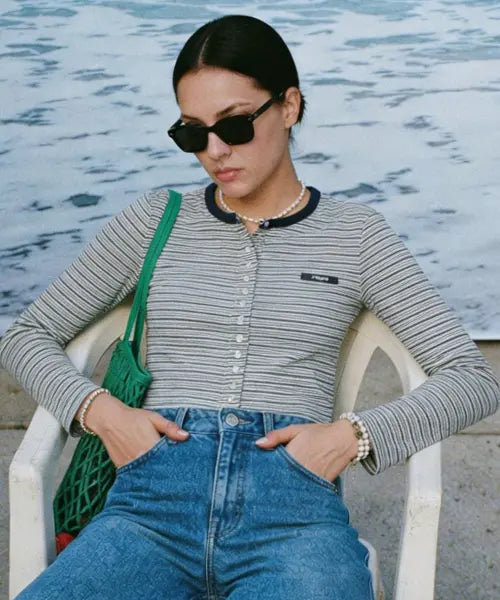 [OFFSPIN] Women Vintage Stripe Ringer Cardigan Crop T shirt / 우먼 빈티지 스트라이프 링고 가디건 크롭 티셔츠