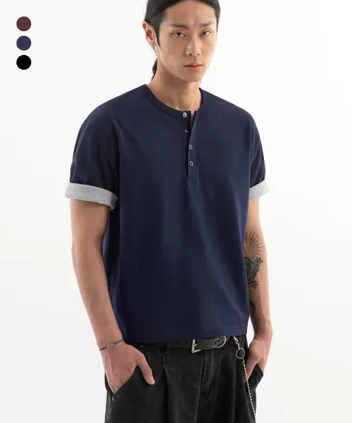 [BRENSON] Comfort Colorblock Roll-up Crop Henly Neck Short Sleeve T-shirt (3 Colors) / 컴포트 배색 롤업 크롭 헨리넥 반팔티 ( 3Color )