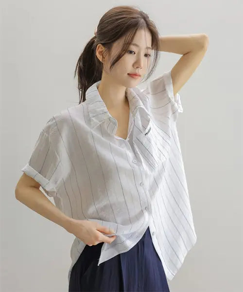[FRENCHCHIC] Elene Stripe Rayon Short Sleeve Shirt / 엘린느 스트라이프 레이온 셔츠(반팔VER.)_F6H443SH