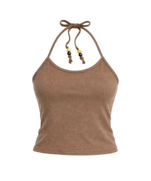 [SSERPE] Bead Pigment Halterneck Sleeveless Top - Brown / 비즈 피그먼트 홀터넥 슬리브리스 브라운