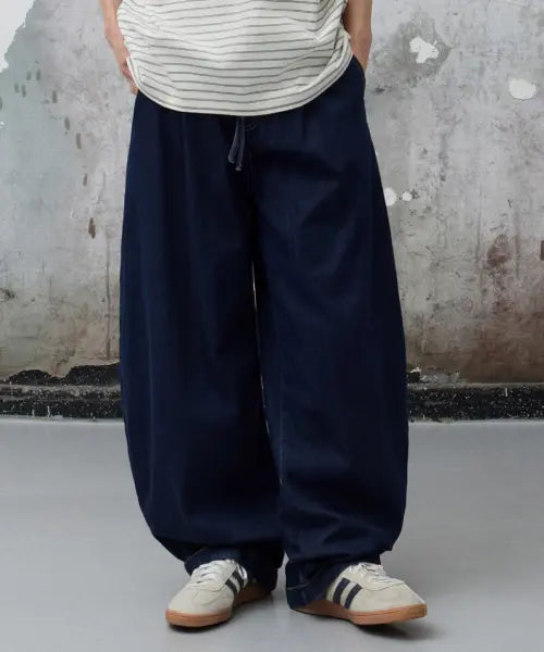 [AGOD] Linen-Like Banding Wide Denim Pants [Low Indigo] / 린넨 라이크 밴딩 와이드 데님 팬츠 [로우 인디고]
