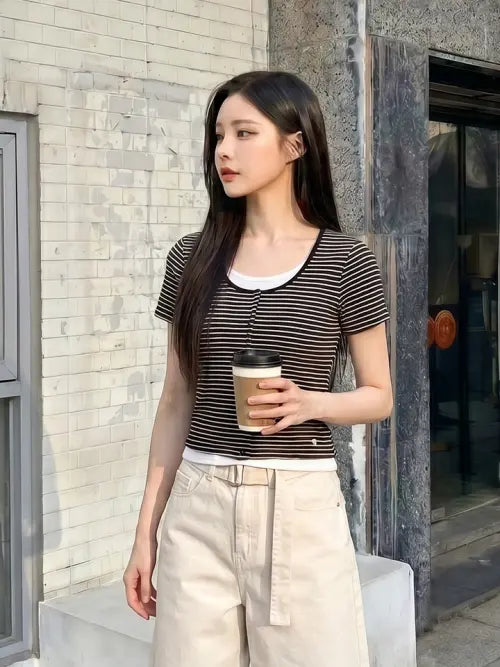 [HANGTEN] Women's Striped Cardigan Layered Short-Sleeve T-Shirt / 여성 스트라이프 가디건 레이어드 반팔 티셔츠_100(10570-131-411-69)
