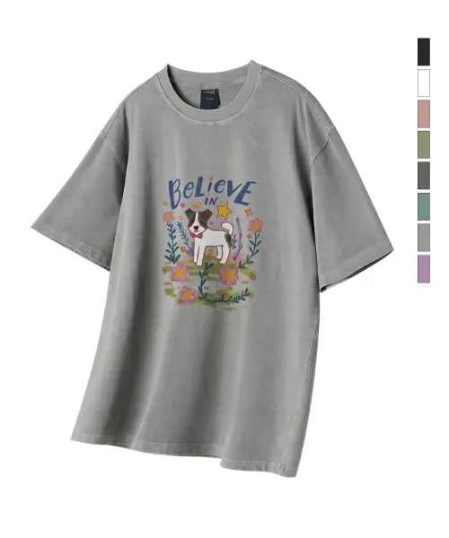 [WILDROCK] Flower Garden Puppy Pigment Overfit Half T-shirts / Flower Garden Puppy 피그먼트 오버핏 반팔 티셔츠 (크롭 포함)