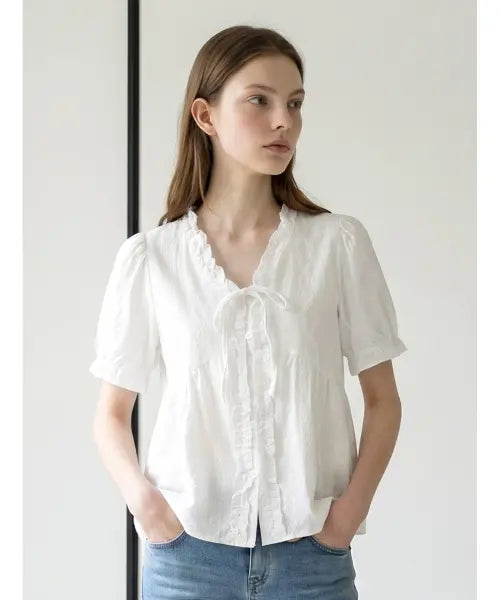 [FOREVER21] Frill Trimmed Ribbon Short Sleeve Blouse / 프릴 트리밍 리본 반팔 블라우스 (FTDBBL044)
