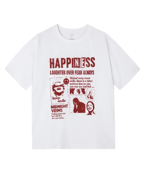 [NOISE] VINTAGE HAPPINESS GRAPHIC SHORT SLEEVED T-SHIRT - WHITE / 빈티지 해피니스 그래픽 반팔 티셔츠 - 화이트