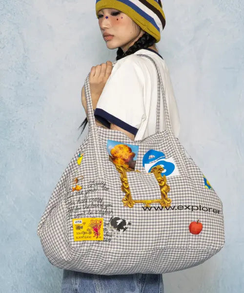 [GLACK] GB018 Multi Frame Check Tote Bag (Gray) / GB018 멀티 프레임 체크 토트백 (GRAY)