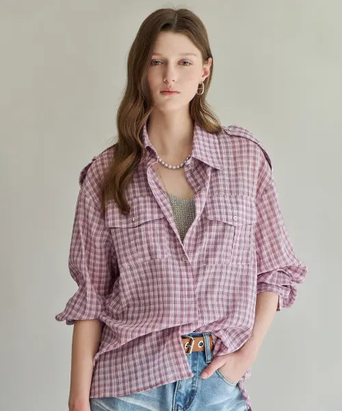 [MAXZA] Wrinkle Check Pocket Loose Fit Shirt / 링클 체크 포켓 루즈핏 셔츠