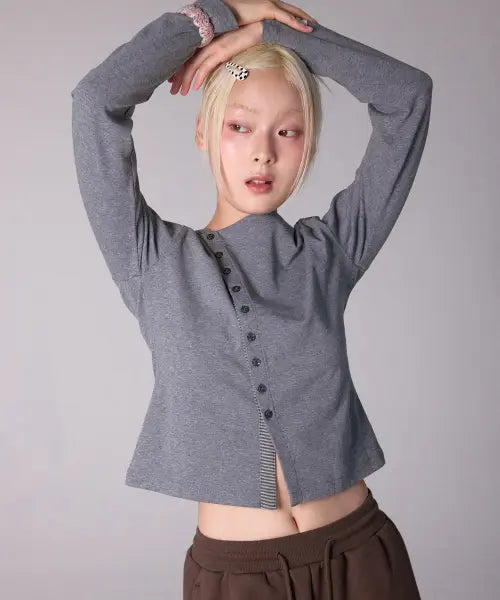 [YOUHEE] ESSENTIAL DIAGONAL LONG SLEEVE_MELANGE GREY