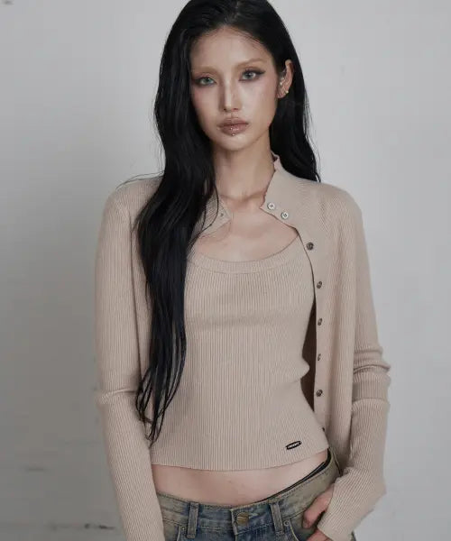 [CURETTY] C HIGH NECK KNIT SLEEVELESS CARDIGAN SET_BEIGE