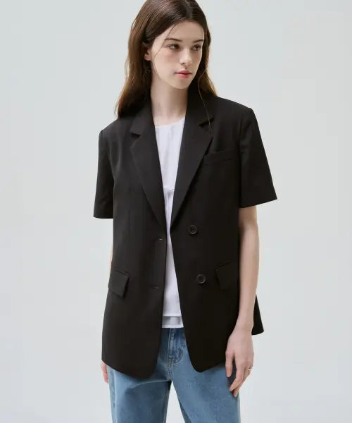 [DRAWFIT WOMEN] SUMMER BELTED HALF-SLEEVES SINGLE BLAZER [BLACK] / 썸머 벨티드 반팔 싱글 블레이저 [BLACK]
