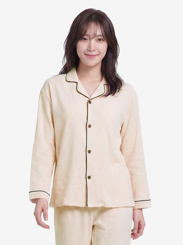 [DAISO] Piping Point Long Sleeve Pajama XL Beige / 파이핑 포인트 긴팔 파자마 XL 베이지