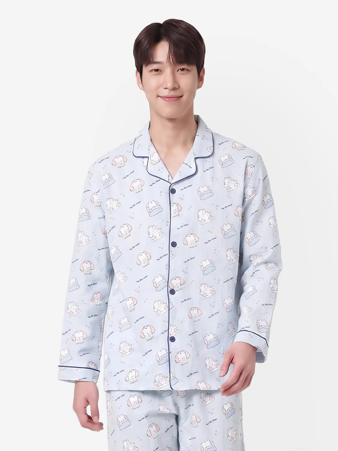 [DAISO] Piping Point Long Sleeve Pajamas XL Blue / 파이핑 포인트 긴팔 파자마 XL 블루