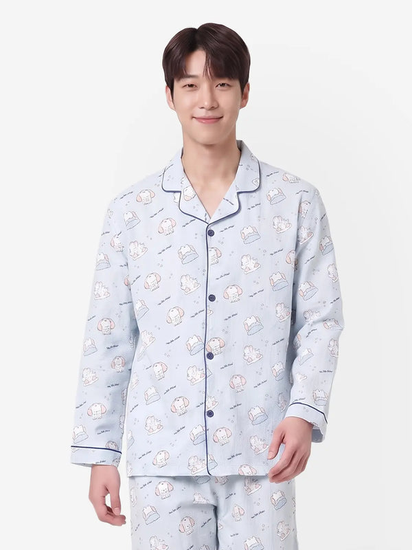 [DAISO] Piping Point Long Sleeve Pajamas XL Blue / 파이핑 포인트 긴팔 파자마 XL 블루