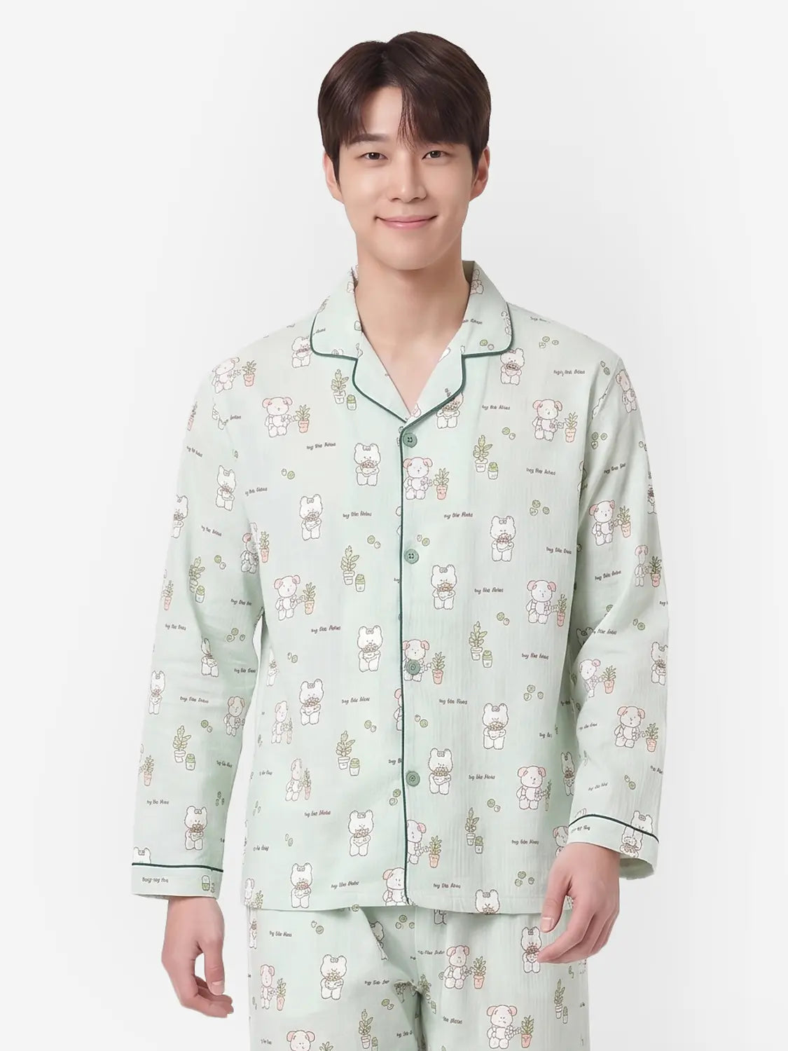 [DAISO] Piping Detail Long Sleeve Pajama Set - Green / 파이핑 포인트 긴팔 파자마 L 그린