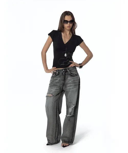 [KASHIKO] Milk Ripped Wide Jeans Gray / Milk Ripped Wide Jeans Light Gray