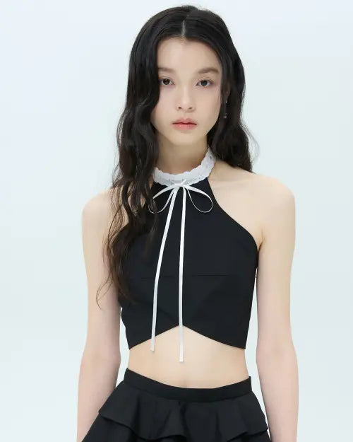 [LOVUEE] Ribbon-Threaded Halter Top Black / 리본 인서트 홀터탑 블랙