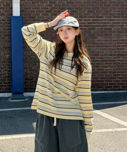 [WAIKEI] Stripe Logo Pique Long Sleeve T-shirt YELLOW / 스트라이프 로고 피케 롱슬리브 티셔츠 옐로우