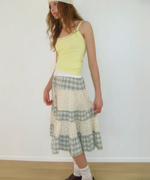 [RONRON] FLORAL CHECK PATCHWORK MID SKIRT GREEN