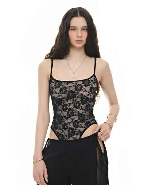 [TOOMUCHTAX] Deep Round Neck Lace Bodysuit - Black / 딥 라운드 넥 레이스 바디수트 블랙