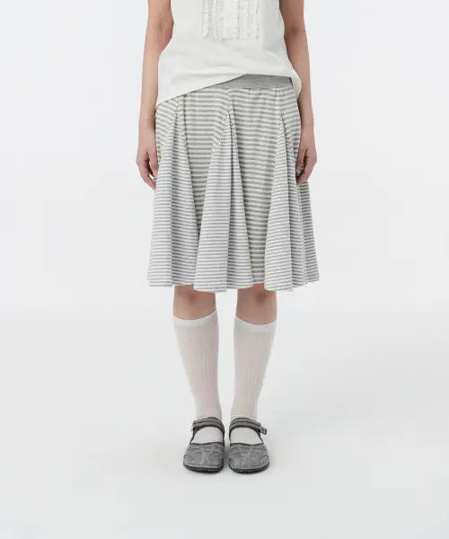 [OHESHIO] STRIPE FLARE MIDI SKIRT, MELANGE GRAY